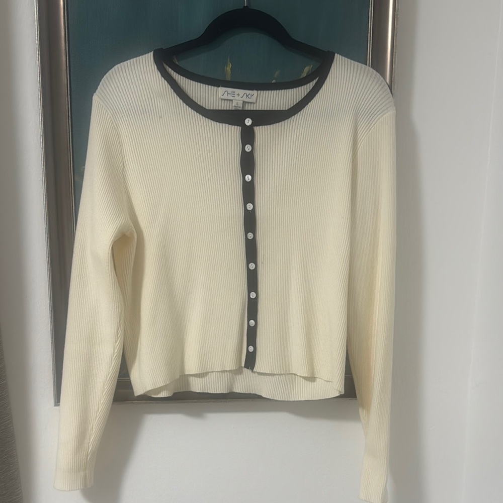 She + Sky Ivory Cardigan with Black Accents